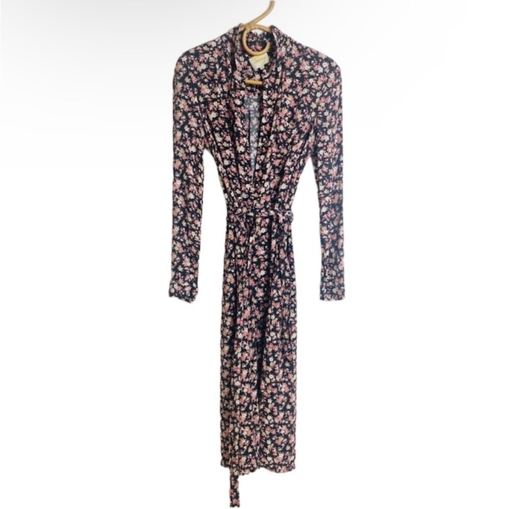 Sezane floral long sleeved midi dress with waist belt tie EUC